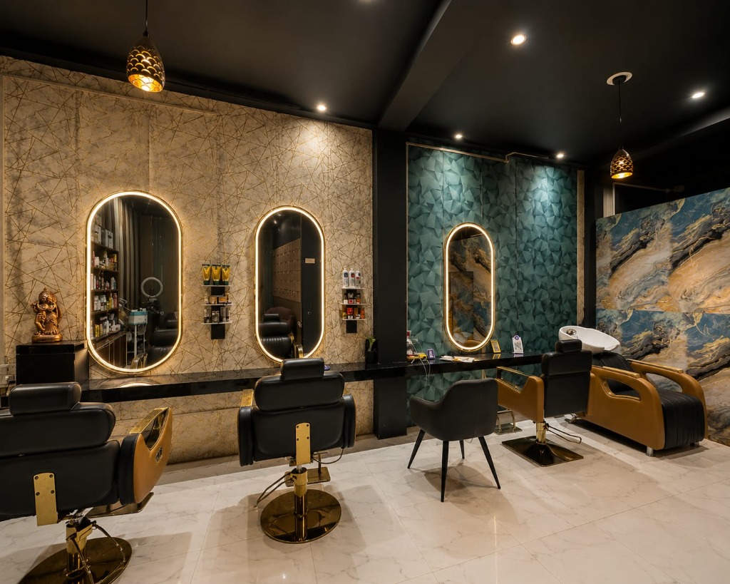 Magic Studio styling stations with lit oval mirrors